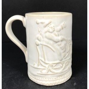 Embossed santa Christmas coffee mug, Williams Sonoma reindeer pulling sleigh